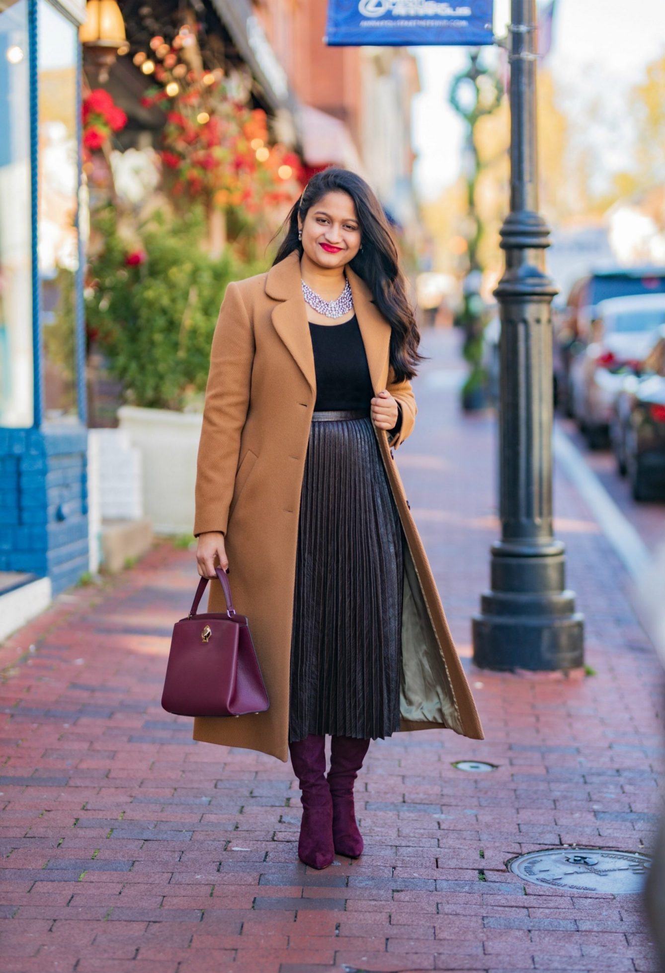 wearing and other stories A Line Wool Blend Belted Coat Madewell Puff Sleeve Scoopneck TopAtlantic Pacific Pleated Croc Faux Leather Midi Skirt burgundy knee high boots1 scaled e1575268273386