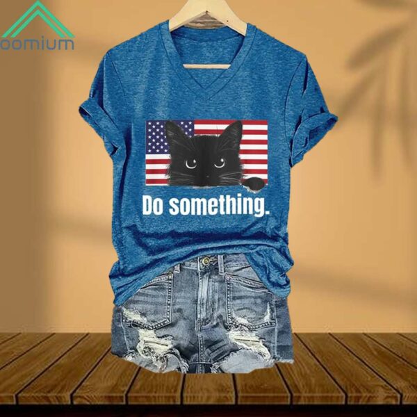 American Flag Cat Do Something V Neck Shirt 2