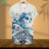 Blue Wave Cat Print V Neck Shirt