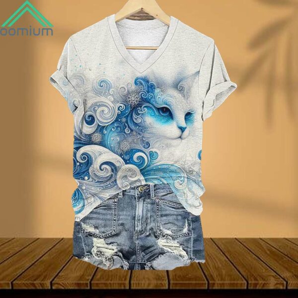 Blue Wave Cat Print V Neck Shirt