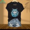 Blue Waves And Cats Printed V Neck T Shirt