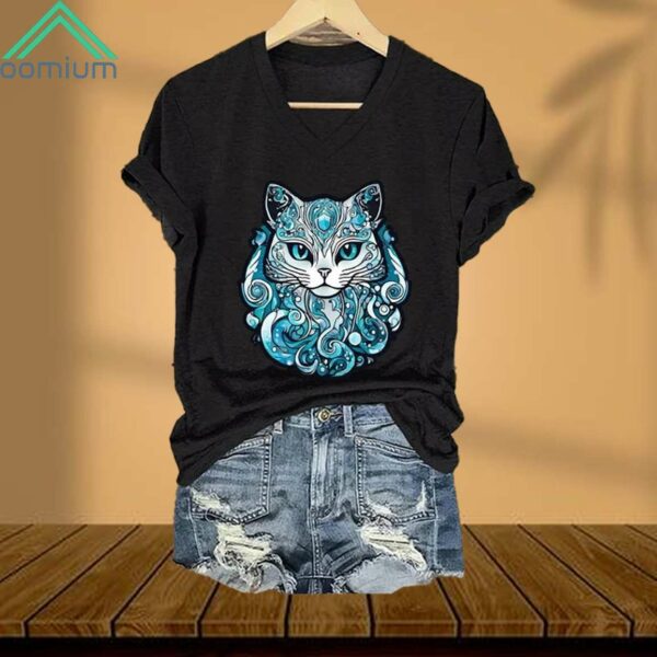 Blue Waves And Cats Printed V Neck T Shirt