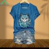 Blue Waves And Cats Printed V Neck T Shirt