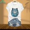 Blue Waves And Cats Printed V Neck T Shirt