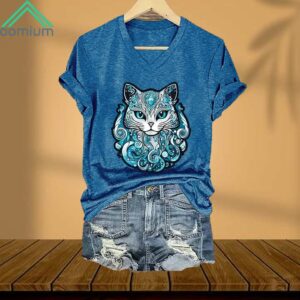 Blue Waves And Cats Printed V Neck T Shirt