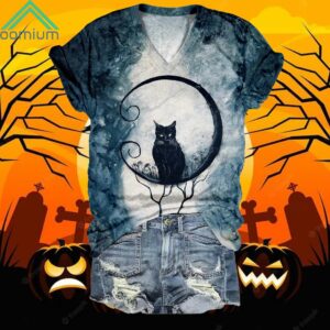 Cat In The Moon V Neck Printed Shirt