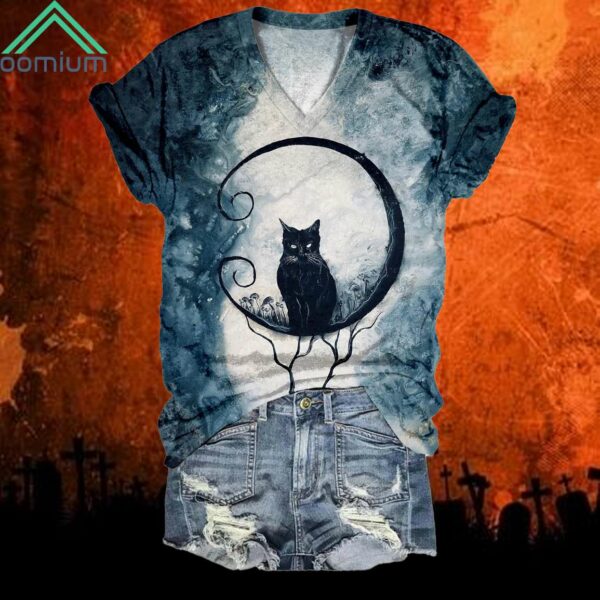 Cat In The Moon V Neck Printed Shirt