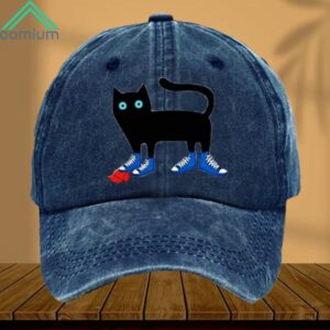 Cat Wearing Blue Canvas Shoes Tramples Red Hat Printed Hat