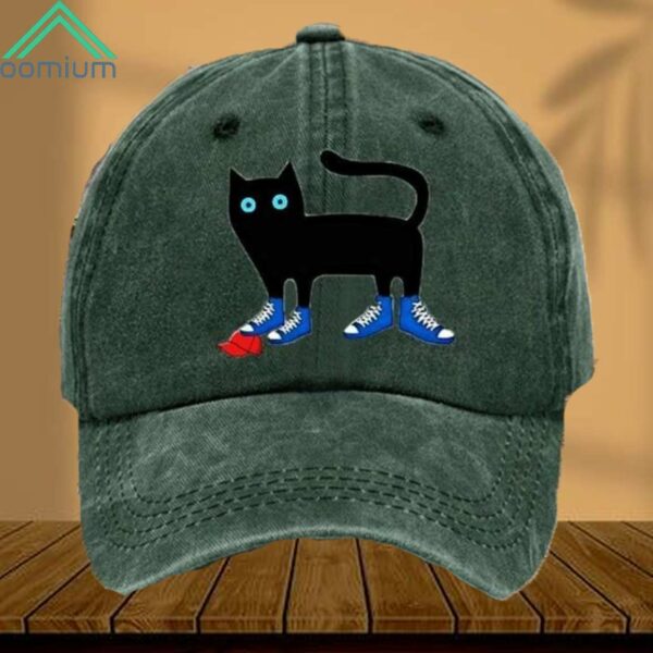 Cat Wearing Blue Canvas Shoes Tramples Red Hat Printed Hat