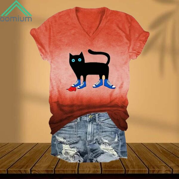 Cat Wearing Blue Canvas Shoes Tramples Red Hat Printed V Neck Shirt