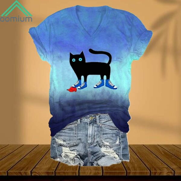 Cat Wearing Blue Canvas Shoes Tramples Red Hat Printed V Neck Shirt