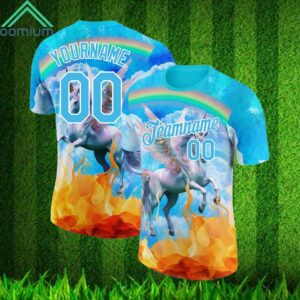 Custom Lakes Blue White 3D Pattern Design Unicorn Under The Rainbow Shirt