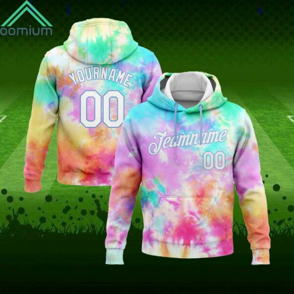 Custom Stitched Tie Dye White Light Blue 3D Rainbow Hoodie