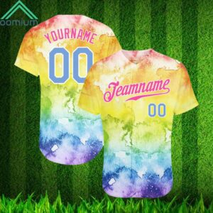 Custom Tie Dye Light Blue Pink 3D Rainbow Baseball Jersey