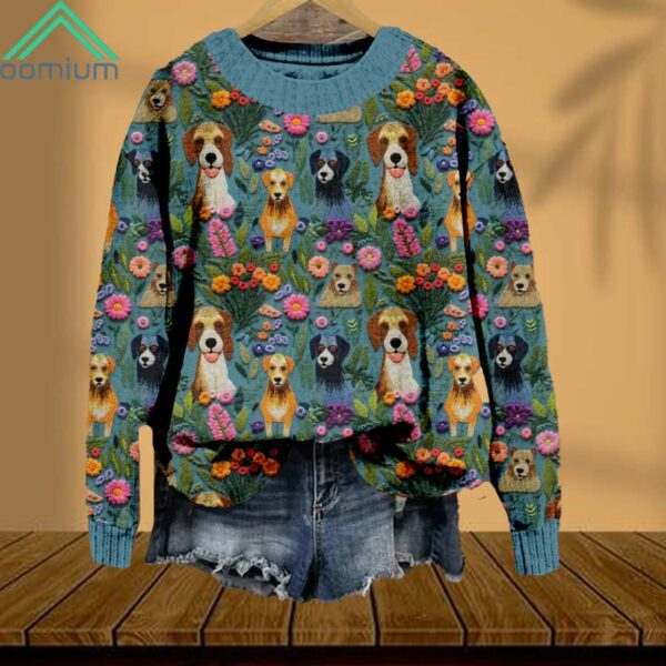 Cute Floral Dogs Embroidered Sweater