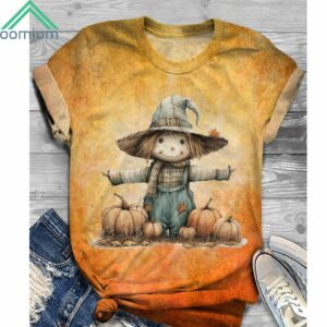 Cute Scarecrow With Pumpkins Crew Neck Shirt