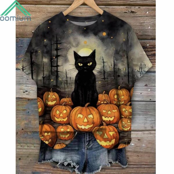 Dark Cat And Pumpkin Crew Neck Shirt