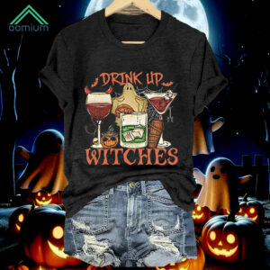 Drink Up Witches Spooky Wine Glass Funny Halloween Shirt