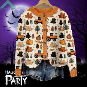 Fall Tractor And Pumpkins Embroidery Cozy Cardigan