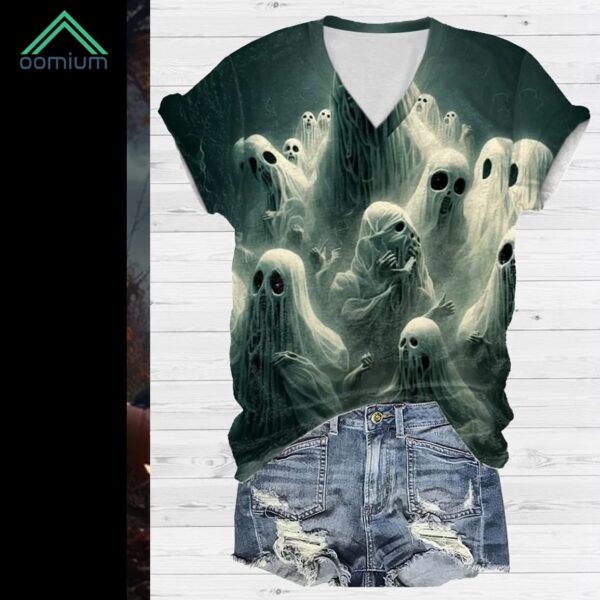 Ghost Art Casual Print Short Sleeve V neck Shirt