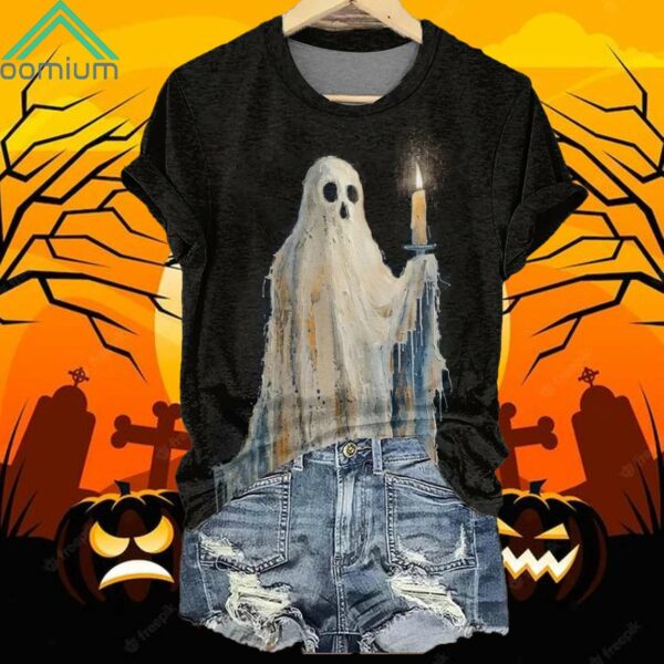 Ghost Holding A Candle Print V Neck Shirt