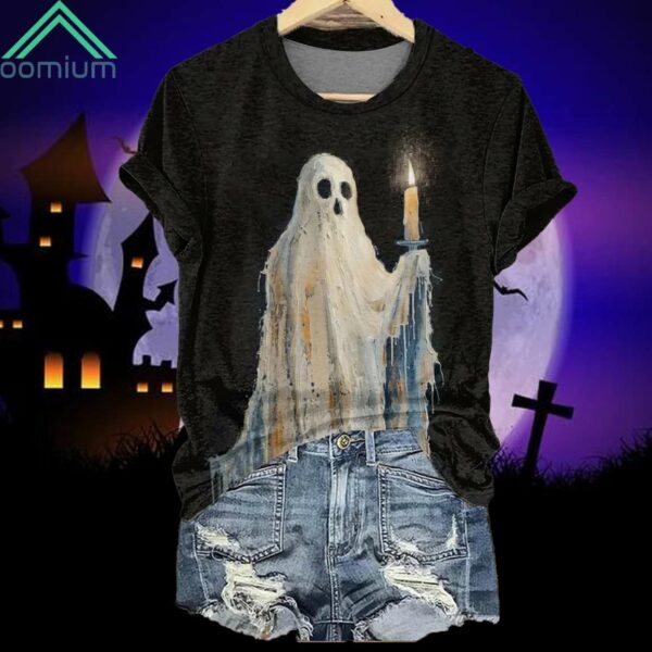 Ghost Holding A Candle Print V Neck Shirt