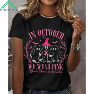 Ghost In October We Wear Pink Halloween Ghost Breast Cancer Awareness Shirt