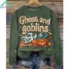 Ghost and Goblins Retro Halloween Print Long Sleeve Shirt