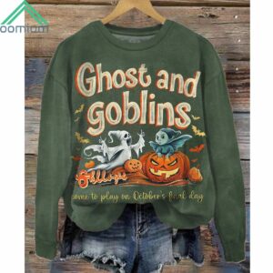 Ghost and Goblins Retro Halloween Print Long Sleeve Shirt