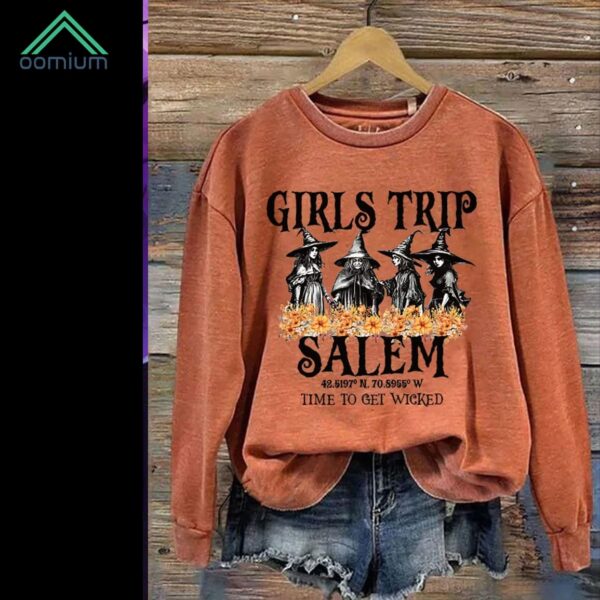 Girl's Trip Salem Time To Get Wicked Halloween Print Crew Neck Sweatshirt