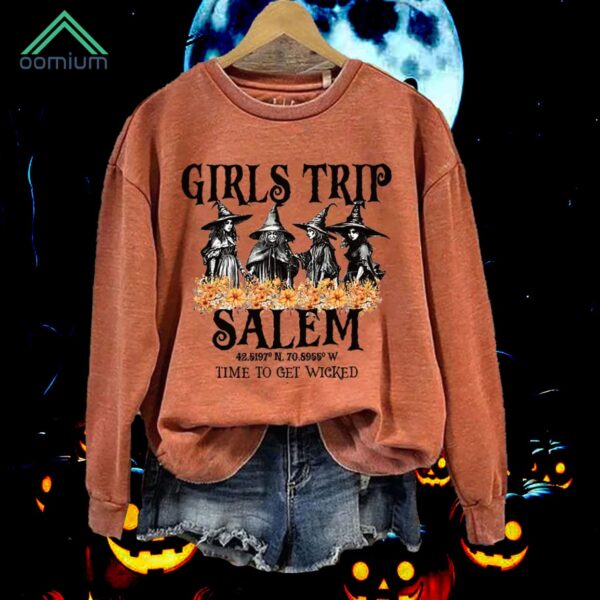 Girl's Trip Salem Time To Get Wicked Halloween Print Crew Neck Sweatshirt