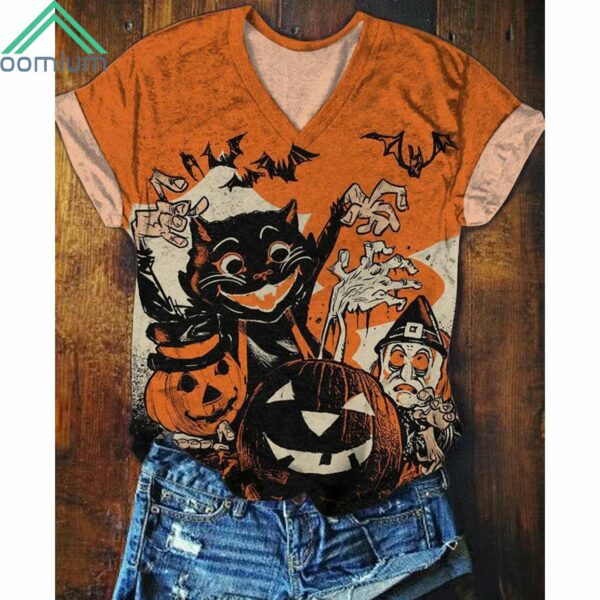 Halloween Black Cat Pumpkin V Neck Shirt