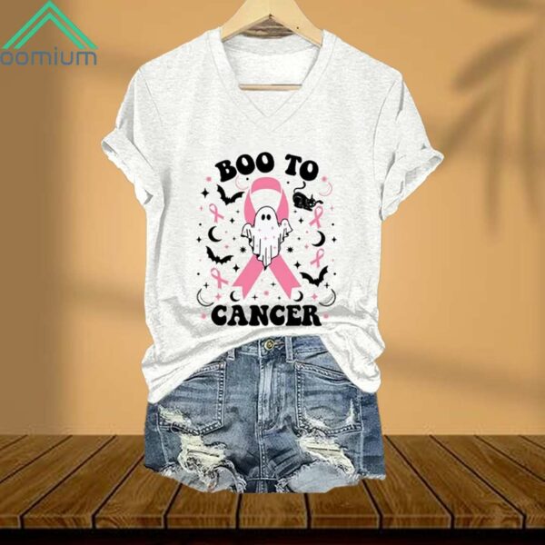 Halloween Boo To Cancer Ghost Pink Ribbon V Neck Shirt