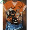 Halloween Cat And Pumpkin Print Short Sleeve Shirt