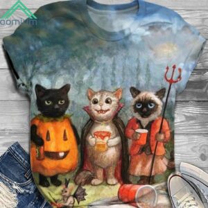 Halloween Cat Print Casual Crew Shirt