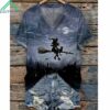 Halloween Full Moon Witch V Neck Short Sleeve Shirt