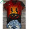 Halloween Fun Pumpkin Cat Print Short Sleeve Shirt