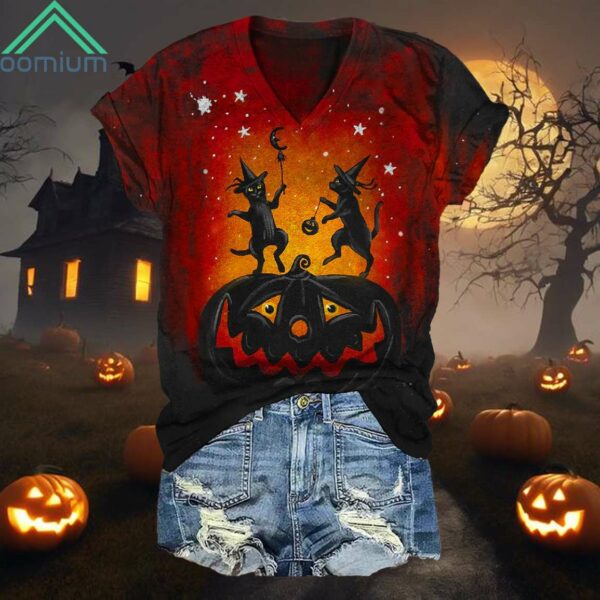 Halloween Fun Pumpkin Cat Print Short Sleeve Shirt