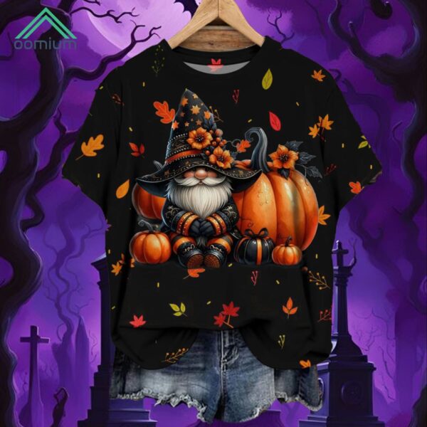 Halloween Gnome Pumpkin Print Short Sleeve Shirt