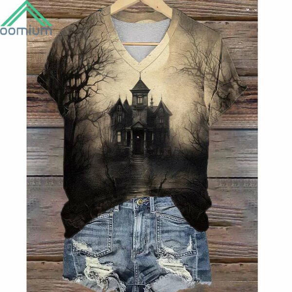 Halloween Haunted House Print V Neck Shirt