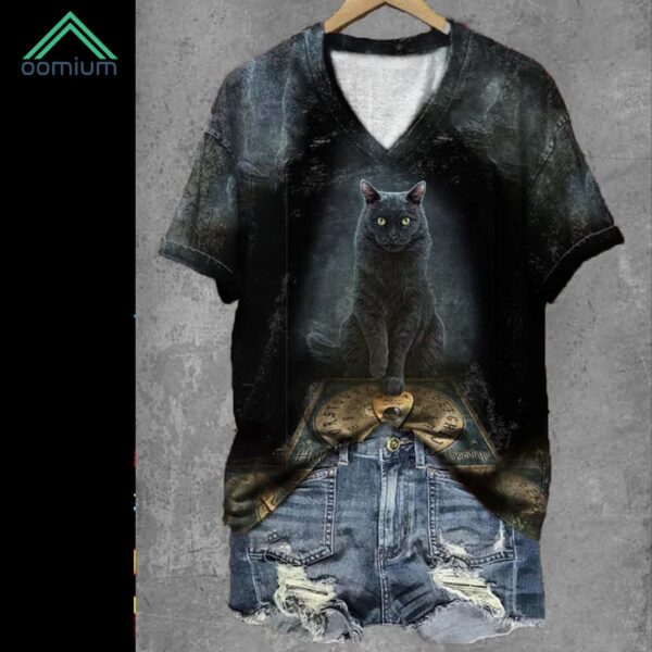 Halloween Magical Black Cat Print Shirt