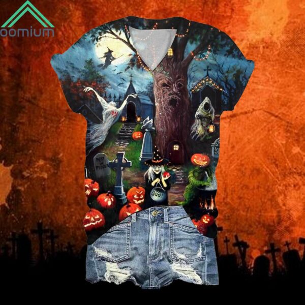 Halloween Night Print V Neck Shirt