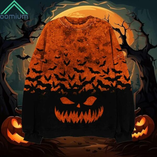 Halloween Pumpkin Face Bat Contrast Crew Neck Sweatshirt