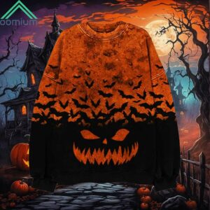 Halloween Pumpkin Face Bat Contrast Crew Neck Sweatshirt