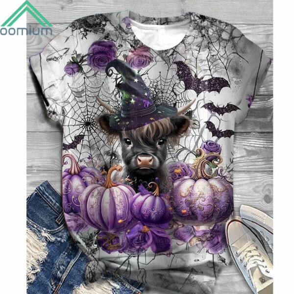 Halloween Pumpkin Highland Cow Print Shirt