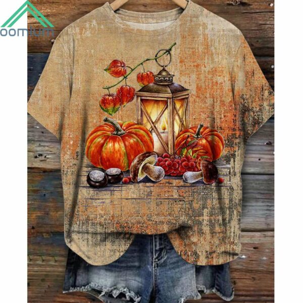 Halloween Pumpkin Oil Painting Print Short Sleeve Shirt