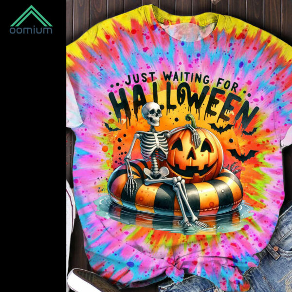 Halloween Pumpkin Skull Tie Dye Print Short Sleeve Shirt