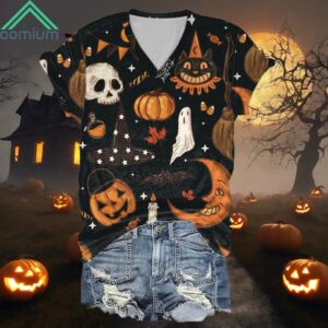 Halloween Skull Pumpkin Print Short Sleeve Shirt