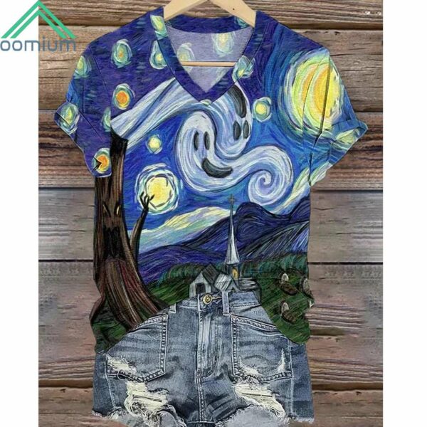 Halloween Starry Night Art Print V Neck Shirt