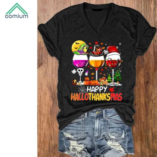 Happy Hallothanksmas Wine Print Shirt